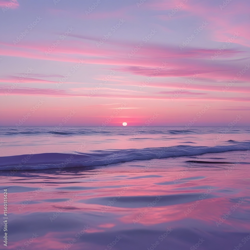 Fototapeta premium Stunning pink and purple sunset over a calm ocean beach. Soft waves reflect the colorful sky, creating a tranquil and dreamy seascape—ideal for travel themes, nature art, and peaceful backgrounds.