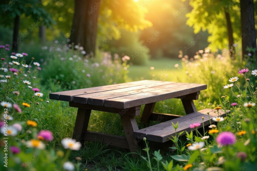 Fototapeta premium Rustic Wooden Table with Wildflowers in Sunny Outdoor Setting Peaceful Serenity and Natural Beauty