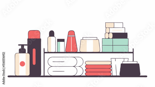 Cosmetic and skincare products displayed on a tidy shelf