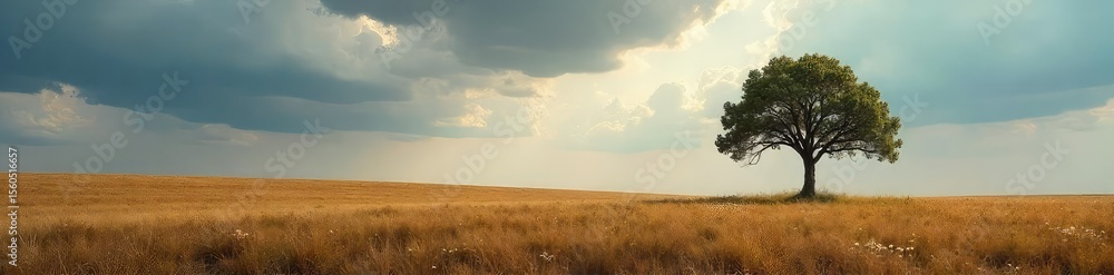 Solitary Tree on Vast Plain Dramatic Sky, Isolation, Peace, Contemplation Solitary Tree on Vast Plain Dramatic Sky, Isolation, Peace, Contemplation