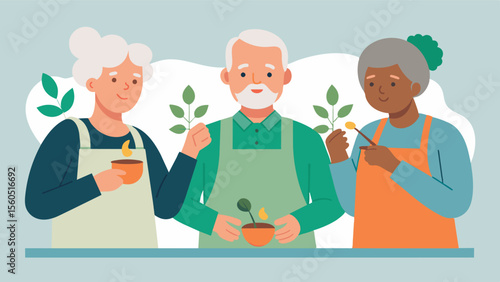 A group of seniors participating in a cooking class using various herbs and es to engage their sense of smell and taste while also promoting hand coordination and cognitive. Vector illustration