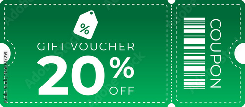 Modern green gift voucher coupon offering 20% discount. Includes barcode, perforated edges, and bold text. Ideal for promotions, sales, offers, retail, and marketing materials.