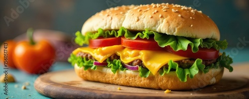 Delicious Colorful Sandwich Overflowing with Fresh Ingredients, Close-Up Shot Evoking Joyful Lunchtime Satisfaction, Perfect for Food Blogs, Menus, and Advertising