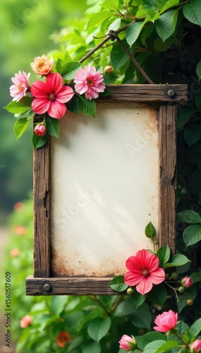 Rustic Signboard with Vibrant Flowers Hanging in Lush Greenery Perfect for Spring and Summer Projects