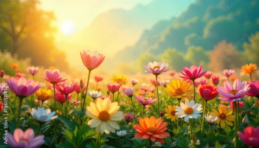 Vibrant Flower Field in Full Bloom Sunlit Petals and Lush Greenery, Symbolizing Creative Inspiration and Imagination Vibrant Flower Field in Full Bloom Sunlit Petals and Lush Greenery, Symbolizing Creative Inspiration and Imagination