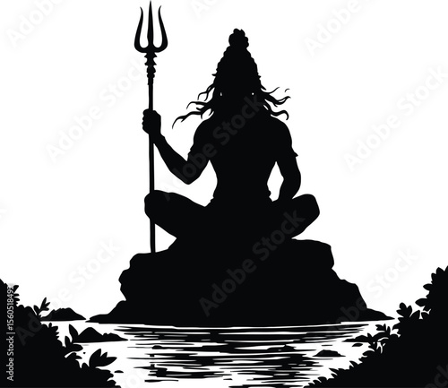 Meditative Deity Silhouette Seated Cross-Legged Holding Trident by Water with Framing Foliage in Spiritual Minimalist Style