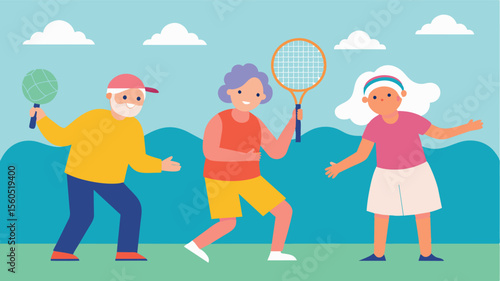A group of seniors playing tennis together with a caption stating Regular physical activity such as playing tennis can improve brain function and potentially reduce the risk of. Vector illustration