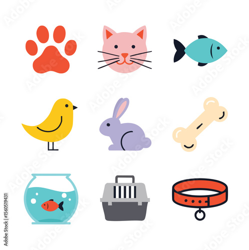 Cute Flat Style Collection of Pet Animal Element Icons Illustration