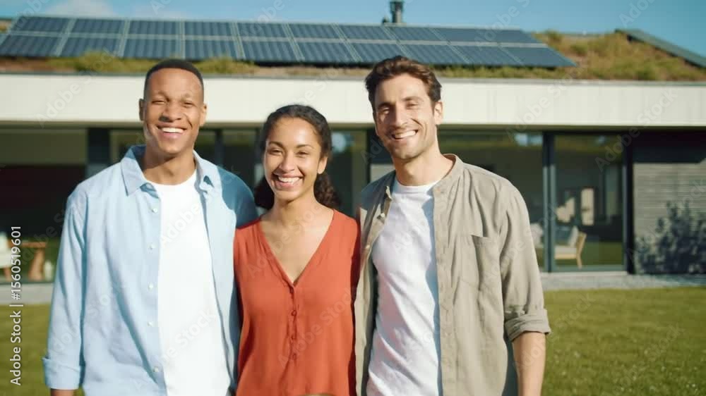 Couple and a friend standing in front of a sustainable house with solar panels and green lawn. Couple and a friend standing in front of a sustainable house with solar panels and green lawn.