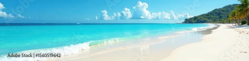 Crystal clear turquoise water laps white sand beaches under a vibrant blue sky , sun, coastal, backdrop