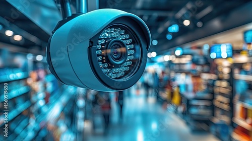 Security surveillance camera monitors the shopping center to ensure safety and prevent shoplifting in retail store with aisles, shelves, and blurred figures of shoppers.
