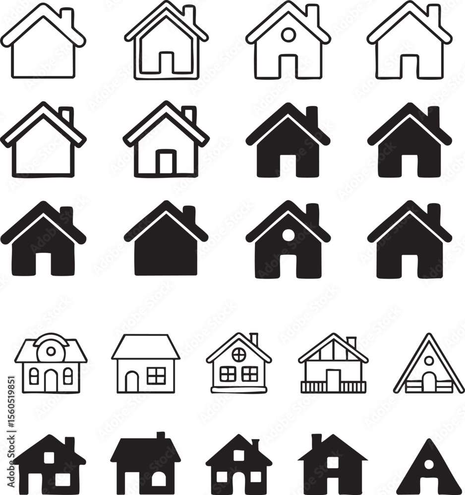 Fototapeta premium Collection of diverse house icons in outline and solid black fill styles