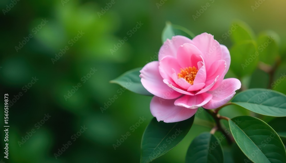 Fototapeta premium Delicate pink camellia, vibrant green foliage, lush arrangement , photography, soft