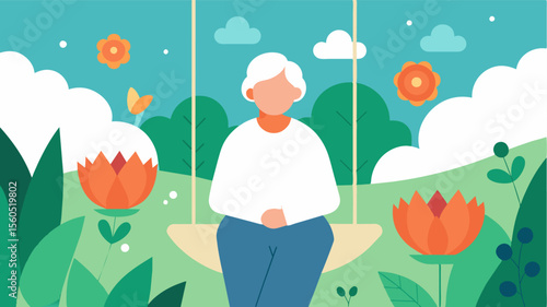 A peaceful serene image of an elderly person sitting on a garden swing surrounded by blooming flowers and lush greenery highlighting the calming and therapeutic effects of being in. Vector