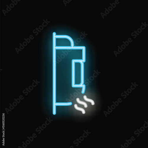 Blue and white neon icon of an electric hand dryer blowing hot air on a black background