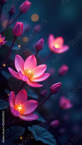 Luminous flora in enchanted garden, glowing petals , glowing leaves, fantasy garden