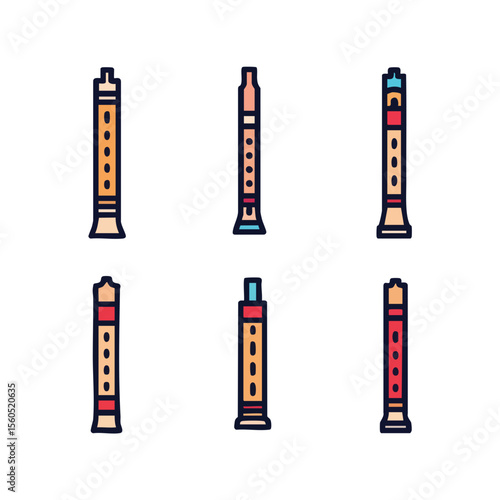 Simple Flat Style Flute Collection Musical Instrument Wind Object Set