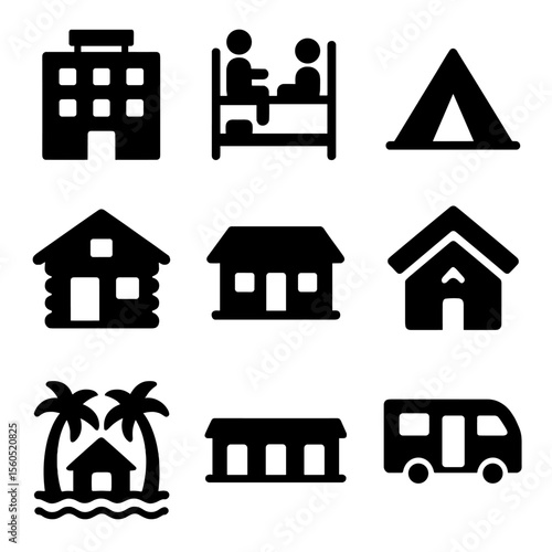 Accommodation Icon Set. Solid, filled icon set of accommodation types: hotel, hostel, camping tent, cabin, bungalow, Airbnb house,
