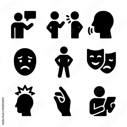 Acting Techniques Icons. Solid, filled icon set of acting techniques: monologue, improvisation, voice projection, facial