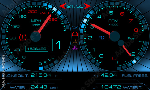 Car dashboard, modern automobile control panel with backlight, speed display, bright vector illustration with red arrows and digital values.
