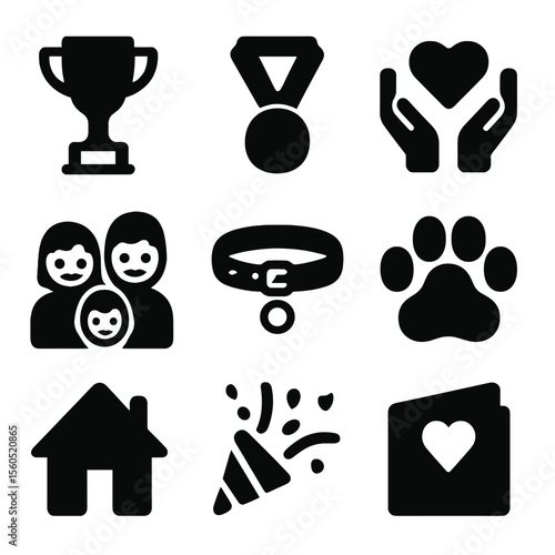 Adoption Success Icons. Solid, filled icon set of adoption success stories: trophy, medal, heart hands, smiling family, pet leash,