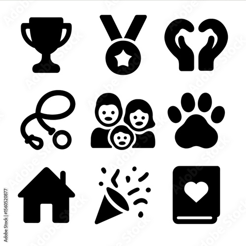 Adoption Success Icons. Solid, filled icon set of adoption success stories: trophy, medal, heart hands, smiling family, pet leash,