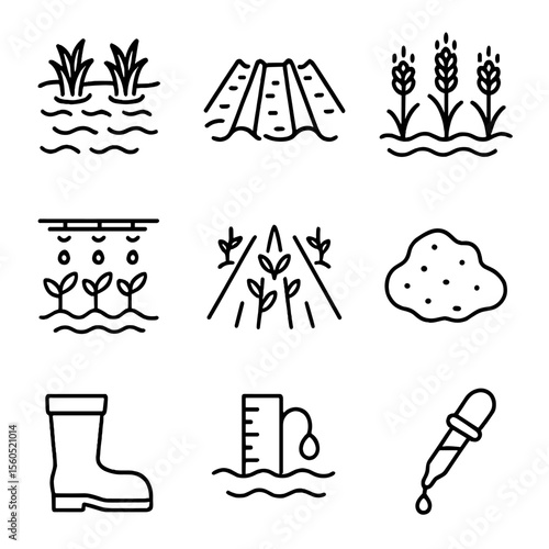 Agricultural Icon Set. Outline icon set of agricultural wet field: flooded rice paddy, irrigation furrow, waterlogged wheat, drip