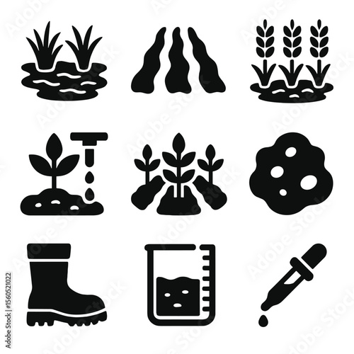 Agricultural Icon Grid. Solid, Filled icon set of agricultural wet field: flooded rice paddy, irrigation furrow, waterlogged wheat