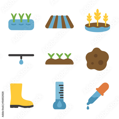 Agricultural Icon Grid. Flat icon set of agricultural wet field: flooded rice paddy, irrigation furrow, waterlogged wheat, drip