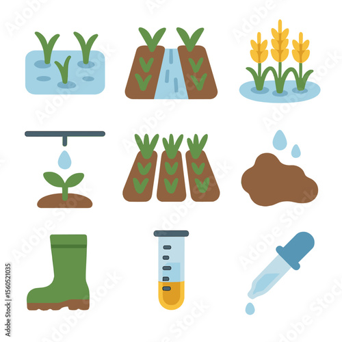 Agricultural Icon Grid. Flat icon set of agricultural wet field: flooded rice paddy, irrigation furrow, waterlogged wheat, drip