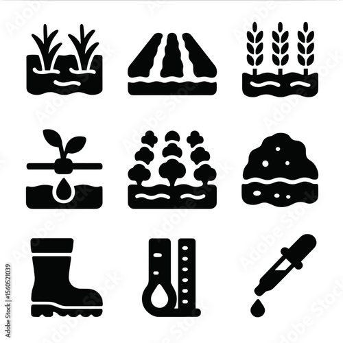 Agricultural Icon Grid. Solid, Filled icon set of agricultural wet field: flooded rice paddy, irrigation furrow, waterlogged wheat