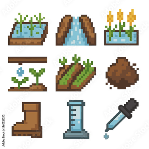 Agricultural Pixel Icons. Pixel art icon set of agricultural wet field: flooded rice paddy, irrigation furrow, waterlogged wheat,