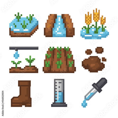 Agricultural Pixel Icons. Pixel art icon set of agricultural wet field: flooded rice paddy, irrigation furrow, waterlogged wheat,