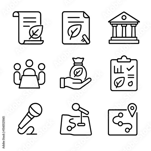 Agricultural Policy Icons. Outline icon set of agricultural policy & governance: legislation scroll, policy document, government