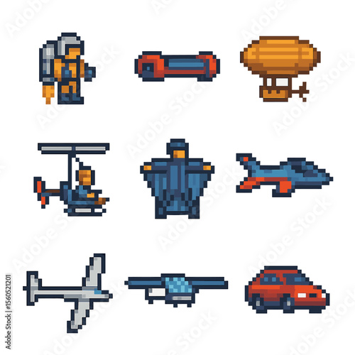 Airborne Transportation Icons. Pixel art icon set of airborne transportation modes: jetpack, hoverboard, airship, gyrocopter, wing