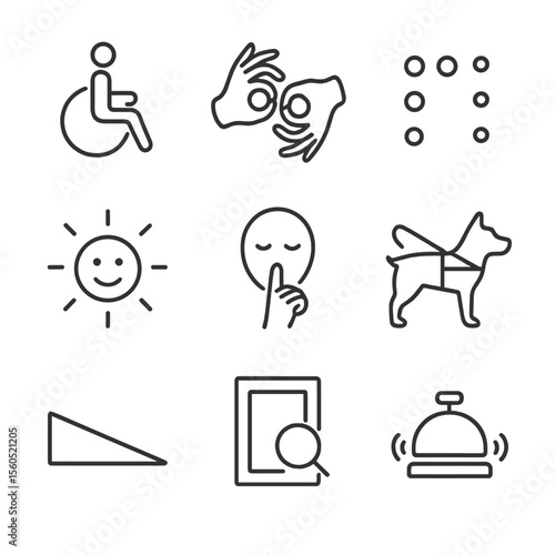 Accessibility Icon Set. Outline icon set of special needs accessibility signs: wheelchair accessible icon, sign language