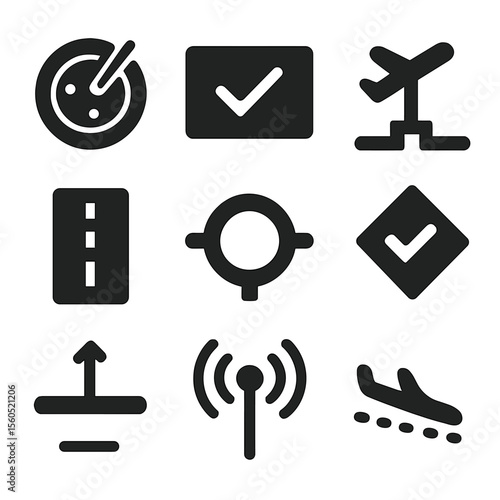 Air Traffic Icon Grid. Solid, filled icon set of air traffic control interaction: radar screen, clearance text, taxi instruction,