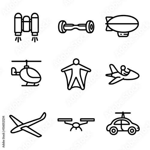 Airborne Transportation Icons. Outline icon set of airborne transportation modes: jetpack, hoverboard, airship, gyrocopter, wing