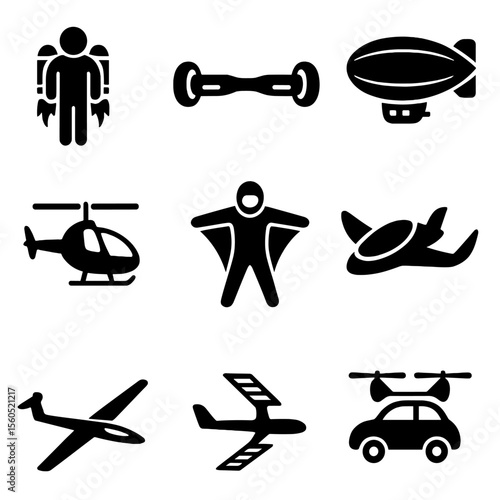 Airborne Transport Icons. Flat icon set of airborne transportation modes: jetpack, hoverboard, airship, gyrocopter, wing suit,
