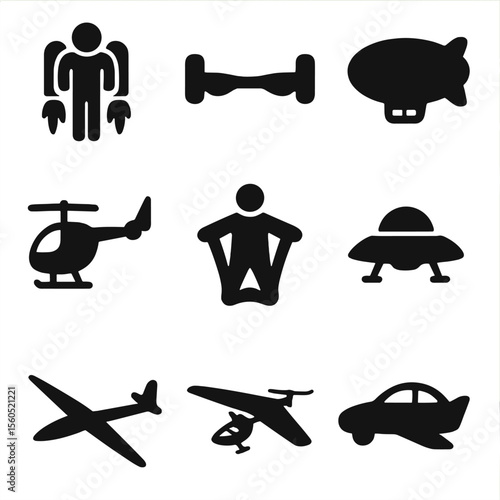 Airborne Transportation Icons. Solid, Filled icon set of airborne transportation modes: jetpack, hoverboard, airship, gyrocopter,