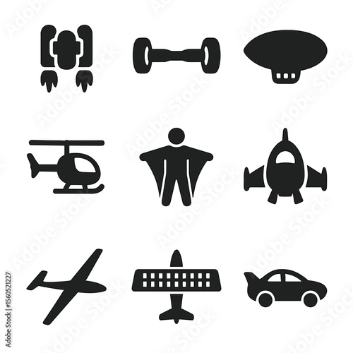 Airborne Transportation Icons. Solid, Filled icon set of airborne transportation modes: jetpack, hoverboard, airship, gyrocopter,