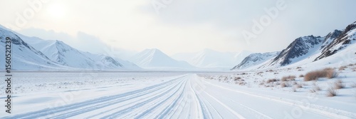 Windswept snow blankets stark badlands, pale sky above , cold, arid
