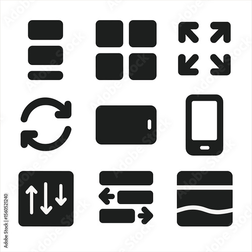 Adaptive Mobile Icons. Solid, filled icon set of adaptive mobile layout: column stack, layout grid, spacing icon, orientation