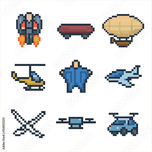 Airborne Transportation Icons. Pixel art icon set of airborne transportation modes: jetpack, hoverboard, airship, gyrocopter, wing
