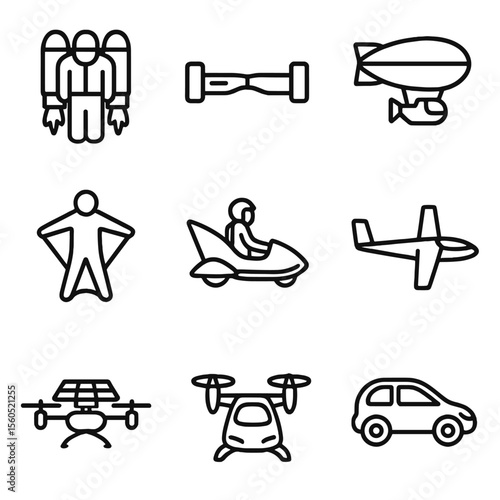 Airborne Transportation Icons. Outline icon set of airborne transportation modes: jetpack, hoverboard, airship, gyrocopter, wing