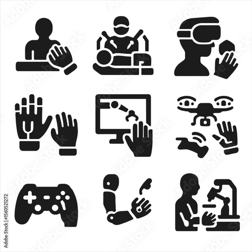 Advanced Haptic Technology Icons. Solid, filled icon set of advanced haptic applications: medical simulator, remote surgery, VR