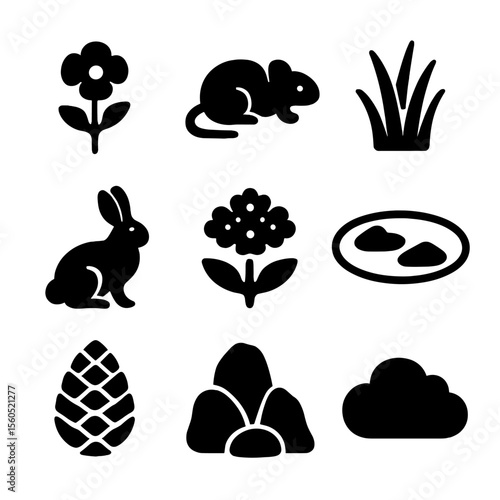 Alpine Nature Icons. Solid, filled icon set of alpine vegetation and wildlife: arctic poppy, snow vole, alpine grass, mountain