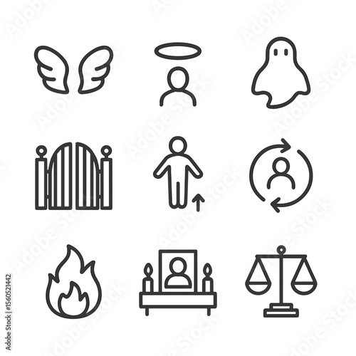Afterlife Beliefs Icons. Outline icon set of afterlife beliefs: angel wings, halo, spirit silhouette, heavenly gates, soul