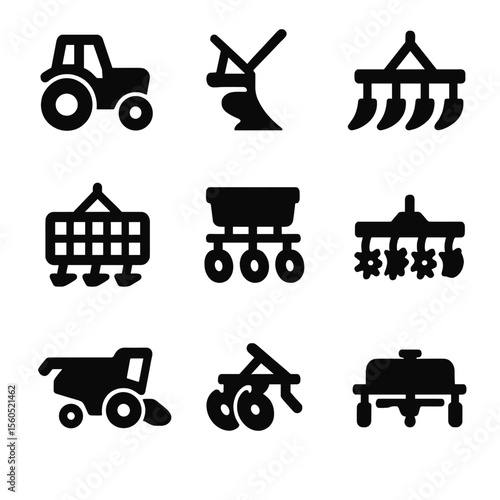 Agricultural Machinery Icons. Solid, filled icon set of agricultural machinery: tractor, plow, cultivator, harrow, seed drill,