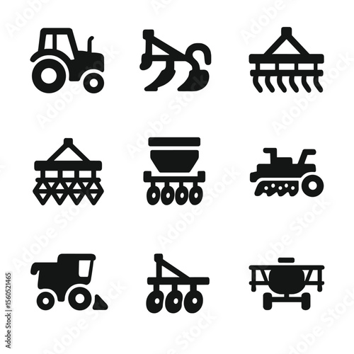 Agricultural Machinery Icons. Solid, filled icon set of agricultural machinery: tractor, plow, cultivator, harrow, seed drill,